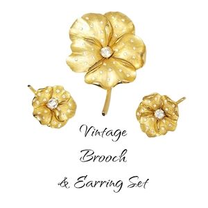 Vintage Goldtone Pave Rhinestone Floral Brooch & Earring Set